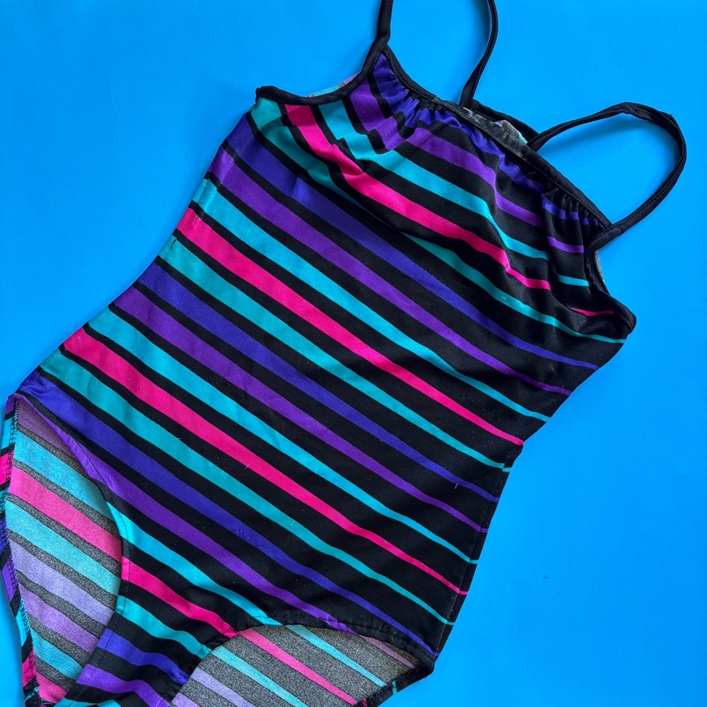 Vintage Black and Purple Striped One Piece Swimsuit